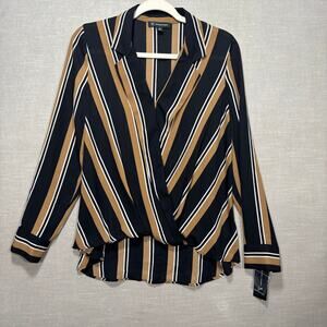 INC Striped Wrap V Neck Top M Black Gold White Long Sleeve‎ Chic Retro Statement